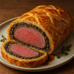 Beef Wellington (Beef tenderloin wrapped in duxelles, pâté, and puf... recipe