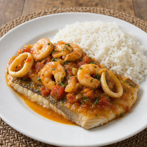 Pescado a lo macho (Fish a lo macho (fish topped with spicy seafood... recipe