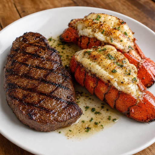 Grilled Top Sirloin with Broiled Lobster Tail recipe